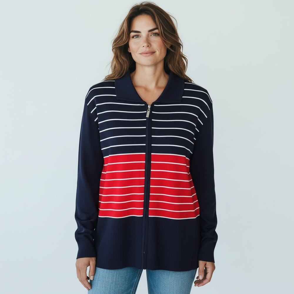 Exclusively Misook Navy Red Stripe Zipper Sweater with Collar Size XL